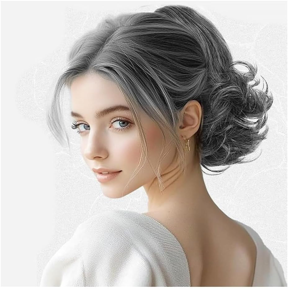 Drawstring Ponytail Extension 10 Inch Short Wavy Ponytail Hair Extensions Fake Pony Tail Clip Loose Wavy Pony Tails Hair Extensions in Ponytails Hairpieces for Women (Grey)