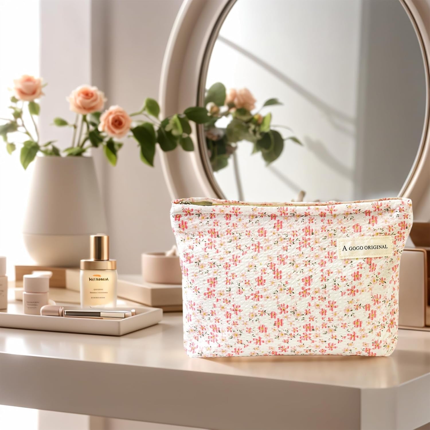 Aesthetic Makeup Bag Cotton, Quilted Floral Make up Bags, Make up Pouch, Toiletry Bag Women, Floral Makeup Bag, Cosmetics Organizer Pouch, Pencil Case for Daily Use (Pink)