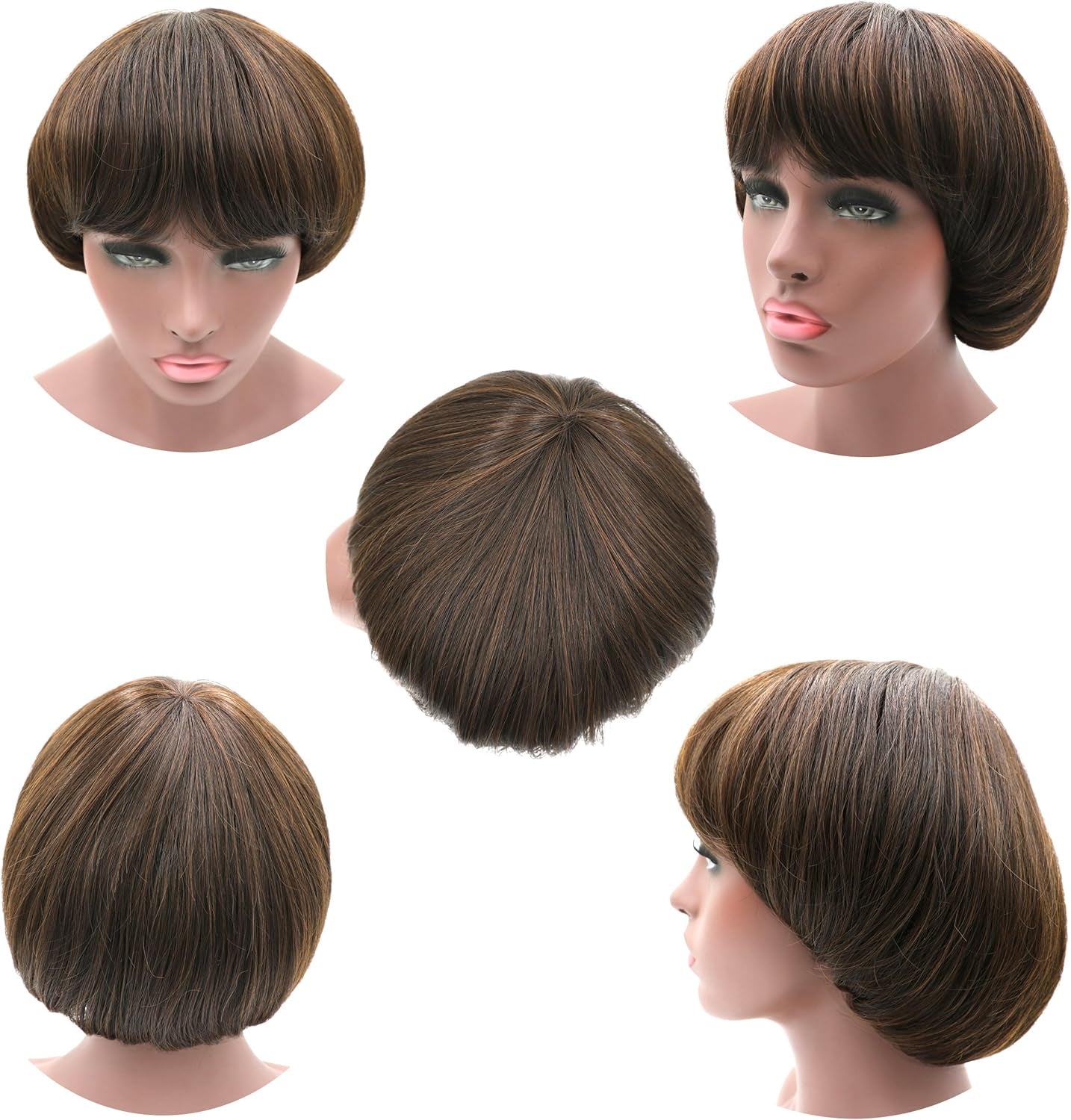 Afro Girls Cosplay Mushroom Wig Short Haircut with Bangs Bob Wig for Black Women (Brown)
