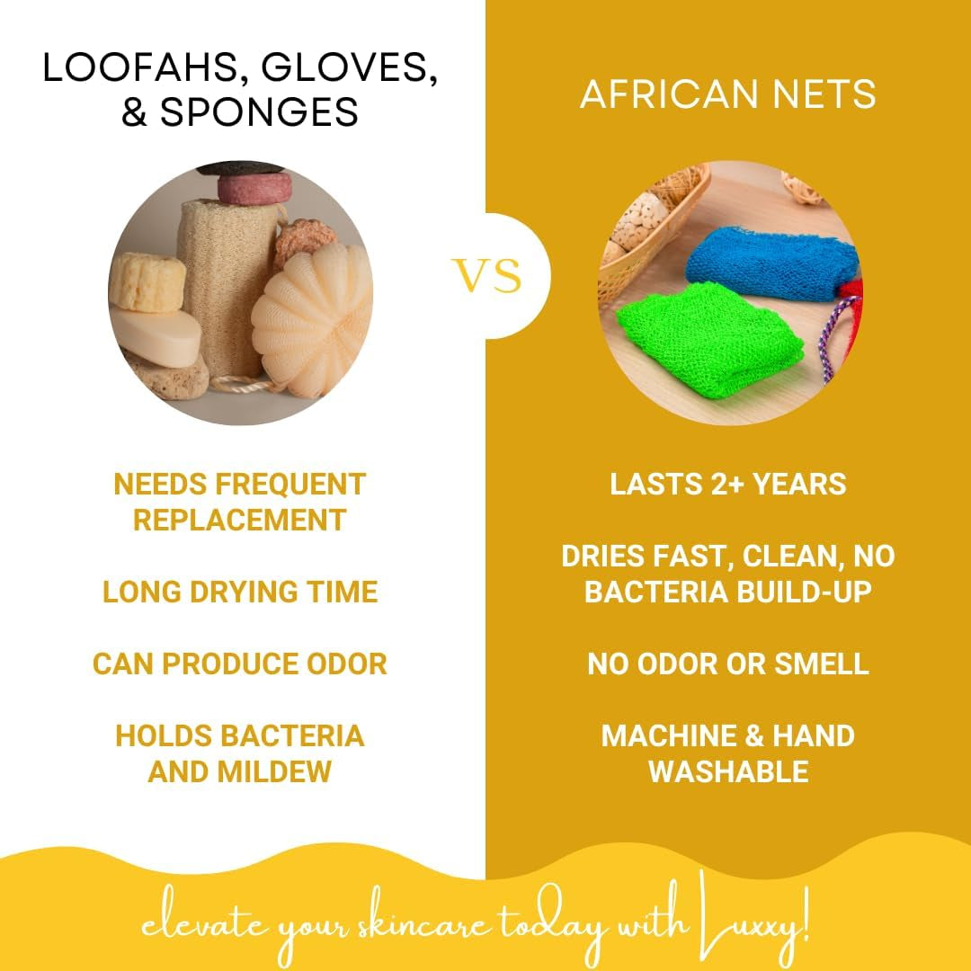 ® | 3 Pack Set 2 Soft African Exfoliating Nets & 1 Rough African Net Sponge with Handles for the Back, Neck or Feet, Black Women Owned, Achieve Smooth Soft Silky Skin, for Daily Use & Great Gifts