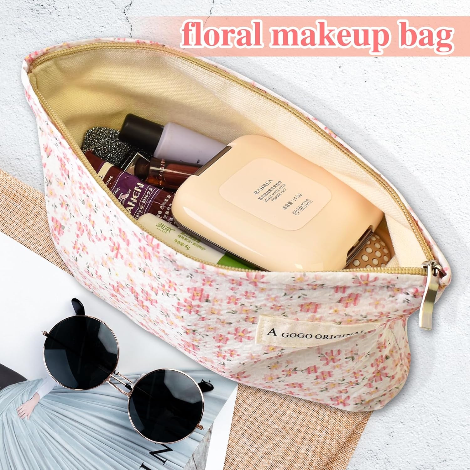 Aesthetic Makeup Bag Cotton, Quilted Floral Make up Bags, Make up Pouch, Toiletry Bag Women, Floral Makeup Bag, Cosmetics Organizer Pouch, Pencil Case for Daily Use (Pink)